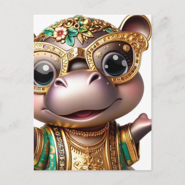 Adortable Hippo in Gold Postkarte (Vorderseite)
