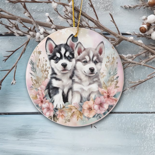 Adortable Husky Welpen Pink Blumen Weihnachten Keramik Ornament (Von Creator hochgeladen)