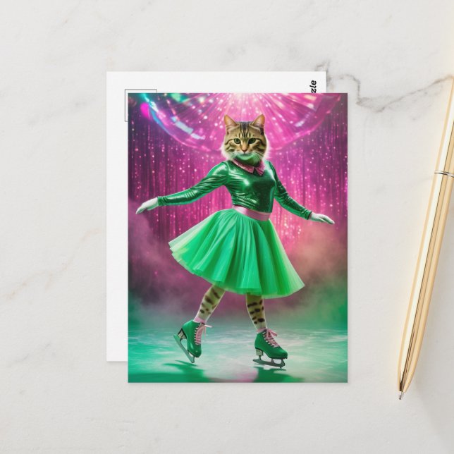 Adortable Ice Skaten Cat in Green Postkarte (Vorderseite/Rückseite Beispiel)
