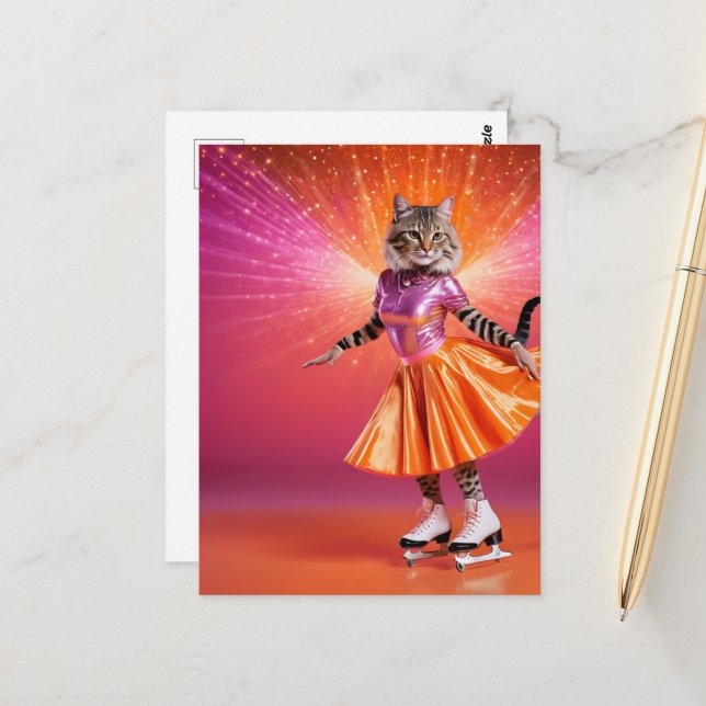 Adortable Ice Skaten Cat in Rosa Orange Postkarte (Vorderseite/Rückseite Beispiel)