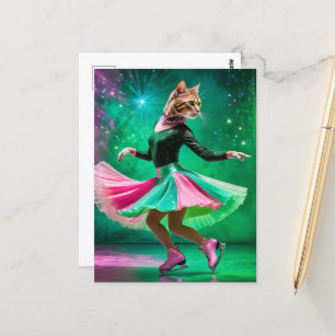 Adortable Ice Skaten Cat in Rosa und Grün Postkarte