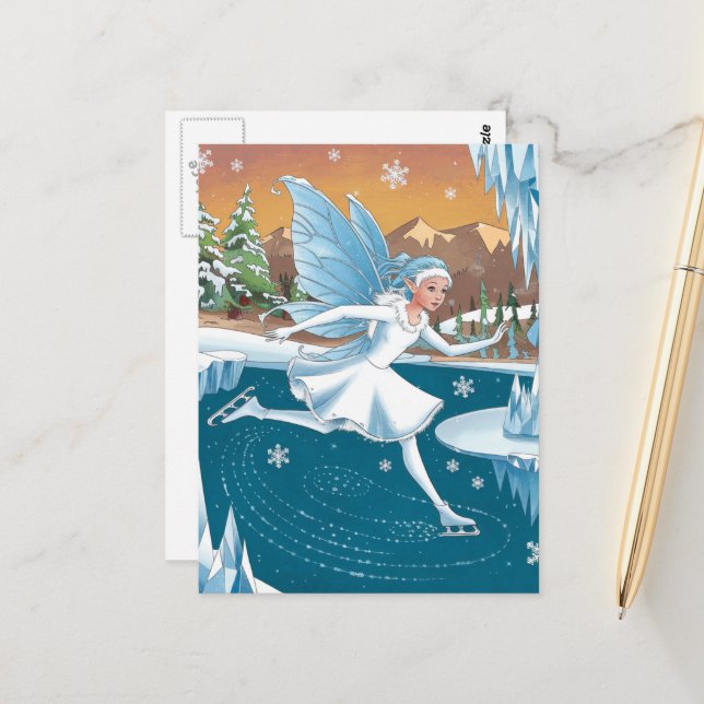 Adortable Ice Skaten Fairy Icy Winter Forest Postkarte (Vorderseite/Rückseite Beispiel)
