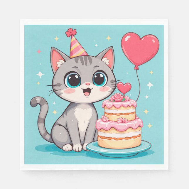 Adortable Katze feiert Geburtstag mit Kuchen Serviette (Vorderseite)