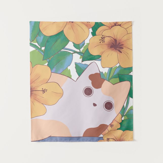 Adortable Katze mit Blume Wandteppich (Vorderseite)