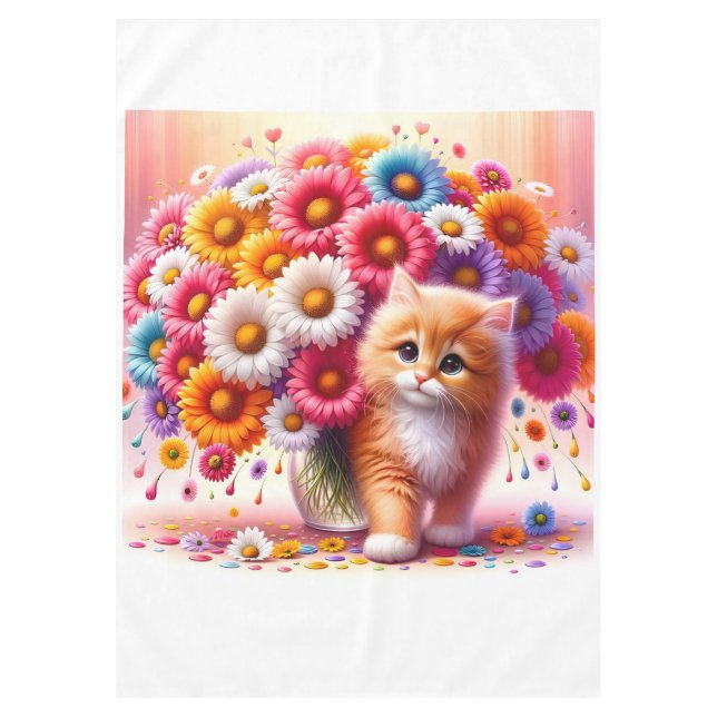 Adortable Kitten mit farbenfroher Blume Bouquet Tischdecke (Vorderseite)