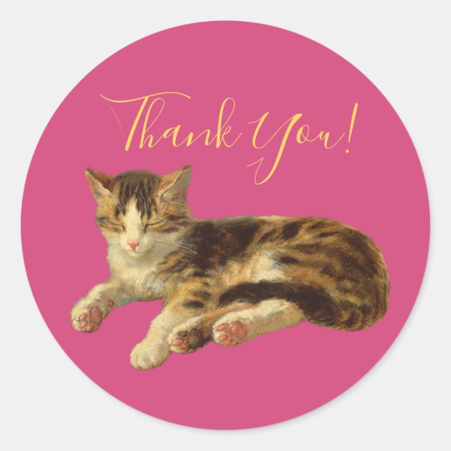 Adortable Kitty Cat Danke Magenta Gold Script Runder Aufkleber (Vorderseite)