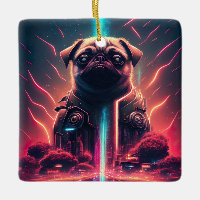 Adortable Mops in futuristischem Robot-Kostüm Keramikornament (Vorderseite)