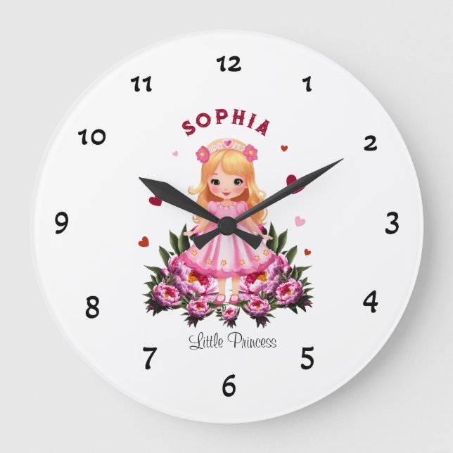 Adortable Prinzessin mit Blume Große Wanduhr (Vorderseite)