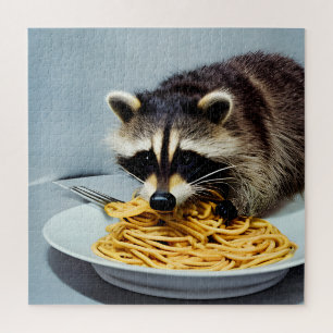 Adortable Raccoon Eating Spaghetti