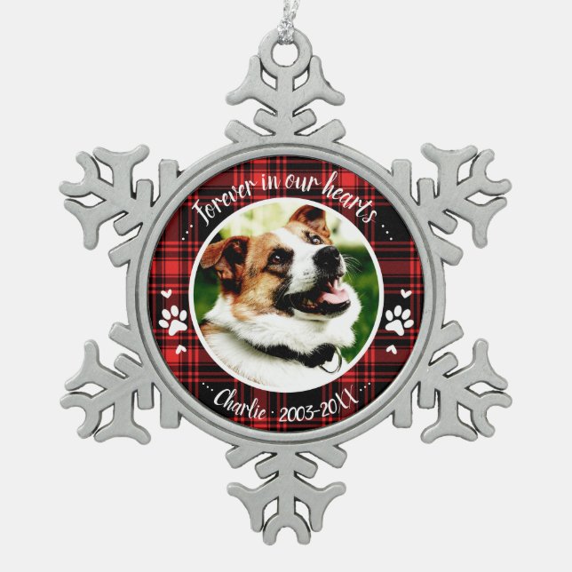 Adortable Rustic Dog Pet Memorial Custom Foto Schneeflocken Zinn-Ornament (Vorderseite)
