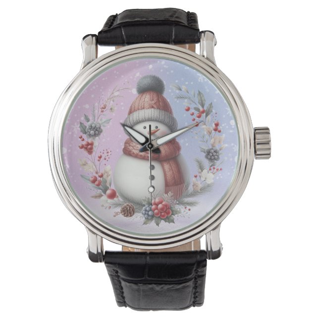 Adortable Snowman Weihnachtskranz Armbanduhr (Vorderseite)