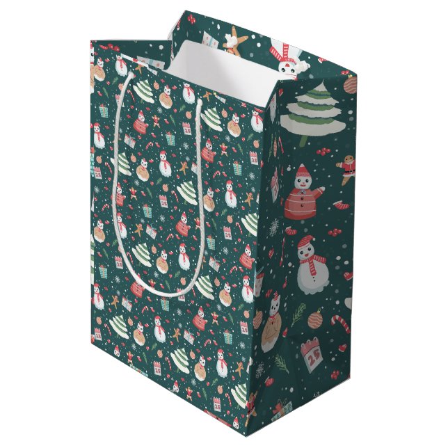 Adortable Snowman Weihnachtsmuster Mittlere Geschenktüte (Rückseite Schrägansicht)