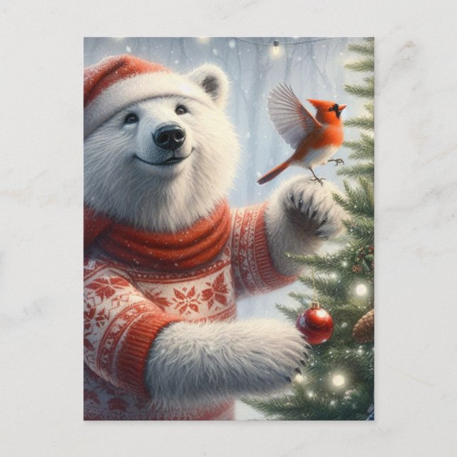 Adortable Weihnachtsbär und der Kardinal Postkarte (Vorderseite)
