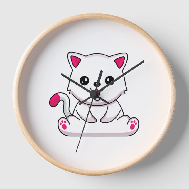 Adortable White Cat Aufkleber für Katzen Liebhaber Uhr (Vorderseite)