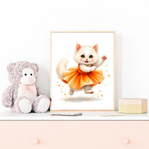 Adortable White Kitten Ballerina in Orange Tutu Poster