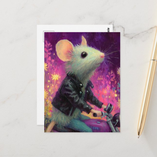 Adortable White Mouse reiten auf einem Motercycle  Postkarte (Vorderseite/Rückseite Beispiel)