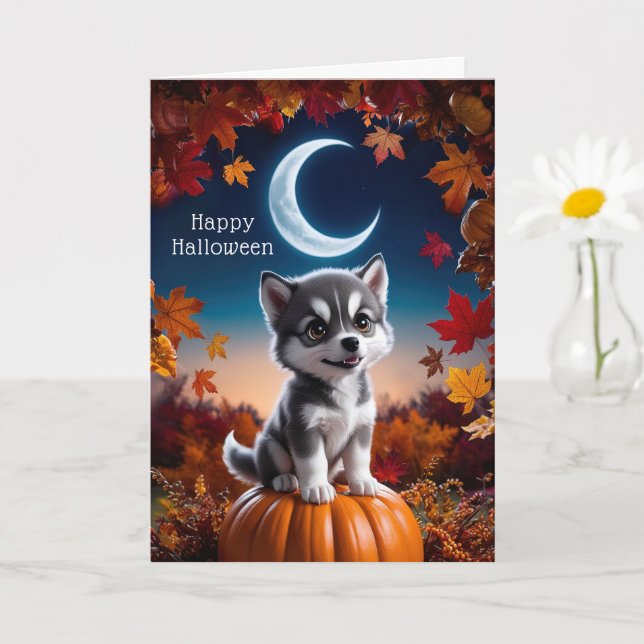 Adortable Wolf mit Crescent Moon Halloween Art Karte (Kleine Pflanze)