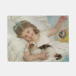 Adortable Young Girl spielend mit ihrer Hauskatze Fußmatte