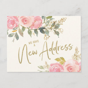 Adresse ändern Elegantes Blush Pink Floral Gold Postkarte