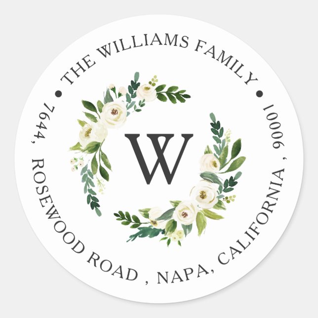 Adresse de retour monogramme Sticker Roses blanche (Devant)