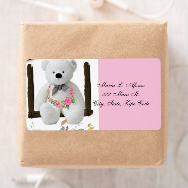 Adresse Retour Étiquette White Teddy Bear Floral (En situation)