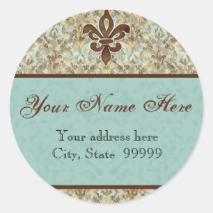 Adressen-Aufkleber Fleur di Lys Damask Brown Runder Aufkleber
