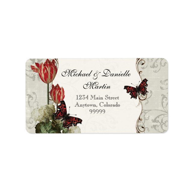 Adressenmarken - Grau in Cream Red Tulip Damask Adressaufkleber (Vorne)
