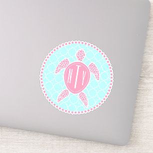 Adrette blaue rosa Monogramm Quatrefoil Aufkleber
