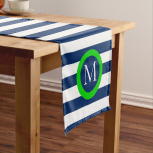 Adrettes Marine-Blau-und Weiß-Streifen-Monogramm Kurzer Tischläufer