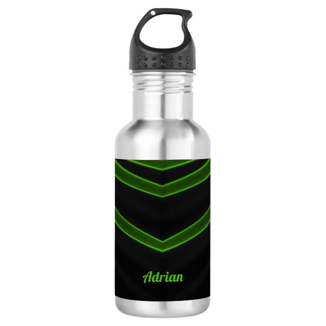 ADRIAN ~ Schwarz und Fluorgrün Edelstahlflasche (Vorderseite)
