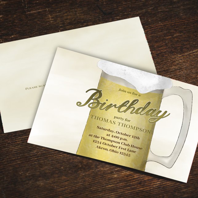 Adult Birthday Party Classic Beer Custom Einladung (Birthday party golden lager beer glass invitation )