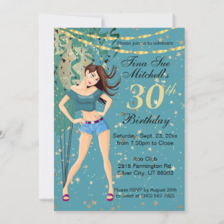 Adult Birthday Party Girl in Aquamarin Blue Einladung