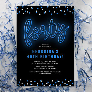 Adult Blue Neon 40. Geburtstag Party Einladung