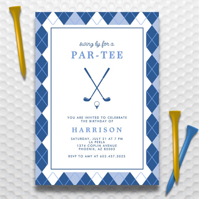Adult Golf Birthday Modern Preppy Argyle Blue Einladung (Von Creator hochgeladen)
