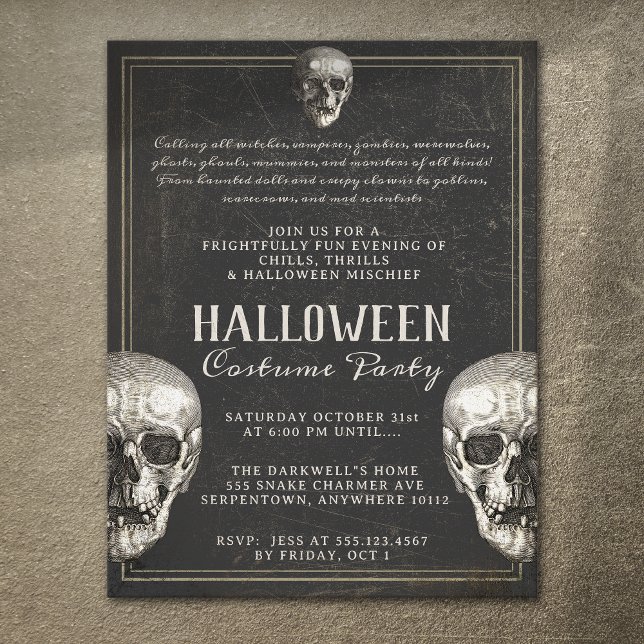 Adult Halloween Vintag Skull Party Flyer (creepy vintage skull halloween party invitation)