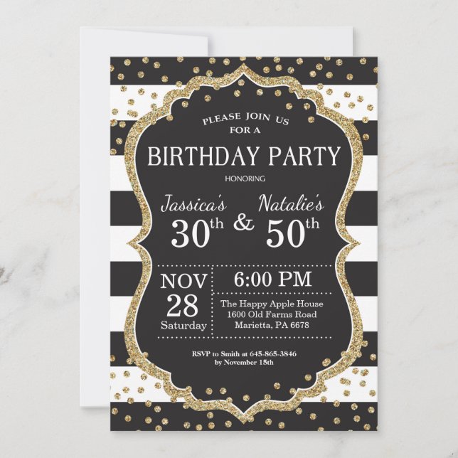 Adult Joint Birthday Party Einladung Gold Glitzer (Vorderseite)