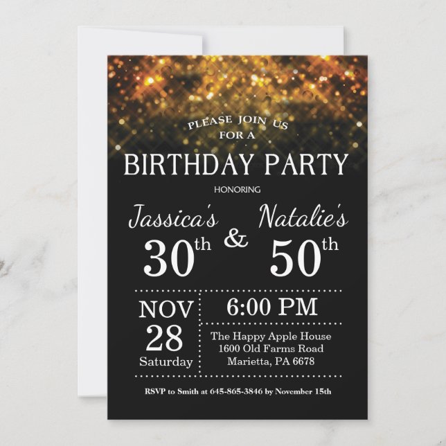 Adult Joint Birthday Party Einladung Gold Glitzer (Vorderseite)