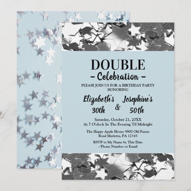 Adult Joint Double Birthday Blau Sterne Einladung (Vorne/Hinten)