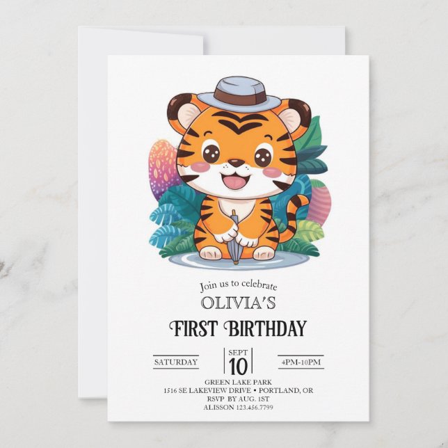 Adventsfarbener Tiger 1. Geburtstag Einladung (Vorderseite)