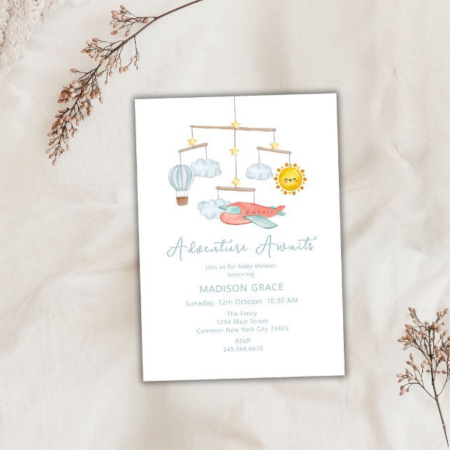 Adventure Airplane Heißluftballon Babydusche Einladung (Adventure Airplane Hot Air Balloon Baby Shower Invitation)