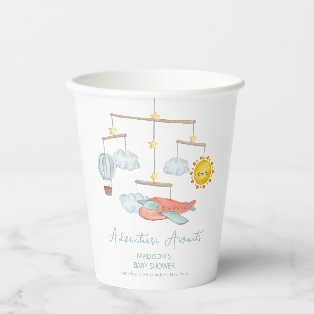 Adventure Airplane Hot Air Balloon Baby Shower  Pappbecher (Vorderseite)