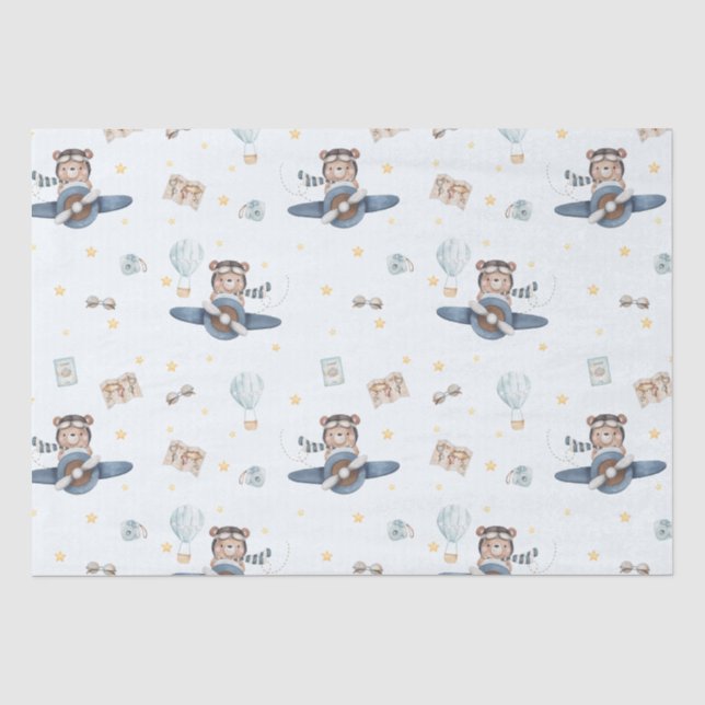 Adventure Aviation Bear Blue Flugzeug Decoupage Seidenpapier (Vorderseite)