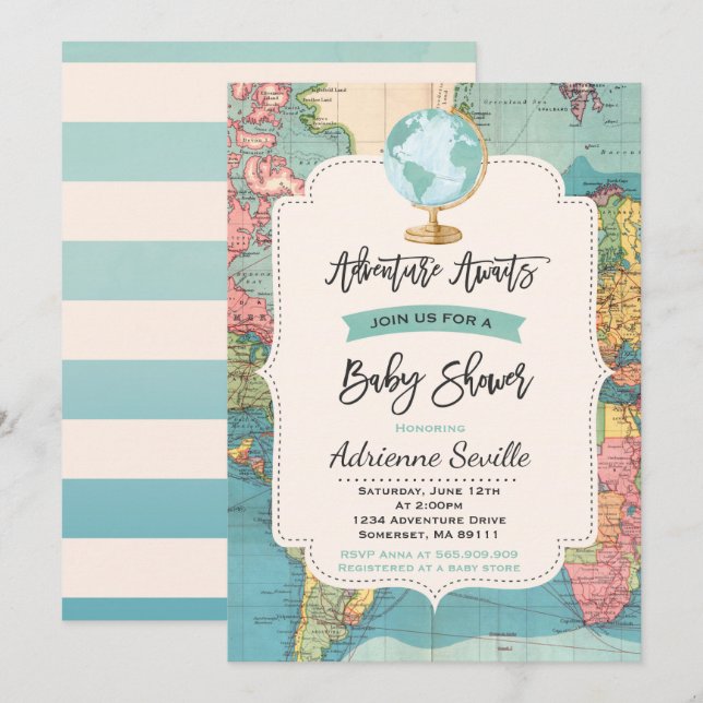 Adventure Await and Baby shower Invitation Map Sho (Devant / Derrière)