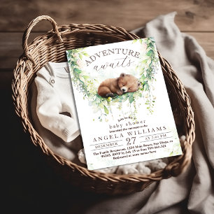 Adventure Await Woodland Bear Greenerity Baby Show Einladung