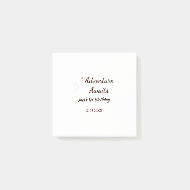Adventure awaits 1st birthday name date planeretro post-it klebezettel (Vorderseite)