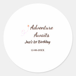 Adventure awaits 1st birthday name date planeretro runder aufkleber