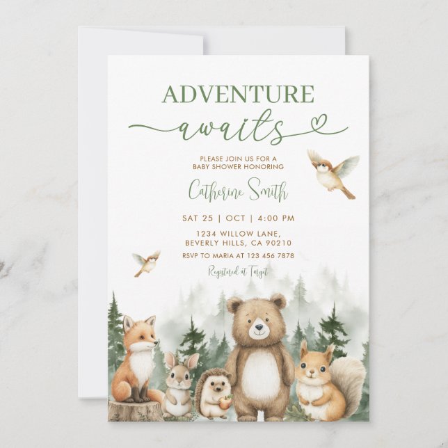 Adventure Awaits Animal Woodland Tree Baby Shower Einladung (Vorderseite)