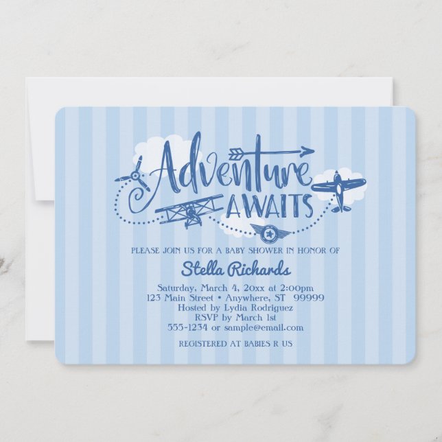 "Adventure Awaits" Aviation Baby Shower Einladung (Vorderseite)