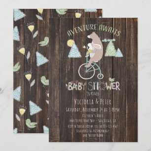 Adventure Awaits Bear Bunny Bike Baby Shower Einladung