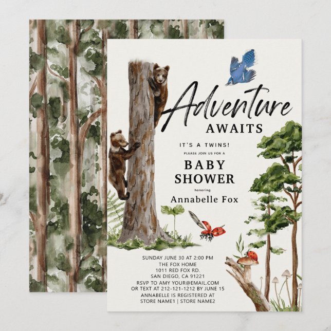 Adventure Awaits Bear Cub Twins Forest Baby Shower Einladung (Vorne/Hinten)